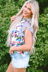 Light Blue Floral Print Frill Neck Striped Ruffle Blouse