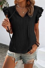 Black Textured Tie Neck Ruffle Sleeve Blouse