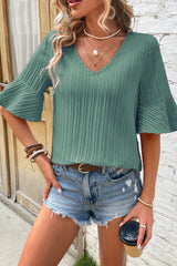 Grass Green Ruffled Short Sleeve V Neck Textured Blouse