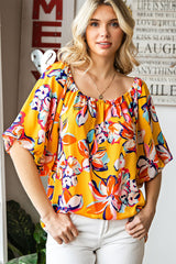 Yellow Floral Print Boho Half Sleeve Bishop Sleeve Blouse