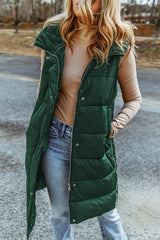 Green Hooded Pocketed Quilted Long Vest Coat