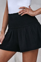 Black Basic Smocked High Waist Ruffle Shorts