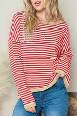 Fiery Red Striped Colorblock Trim Knit Pullover Sweater