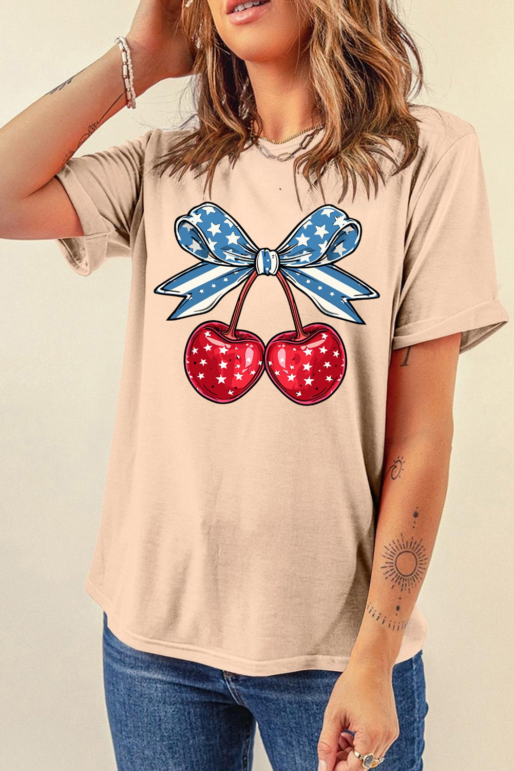 Khaki American Flag Bowknot Cherry Graphic Crew Neck T Shirt