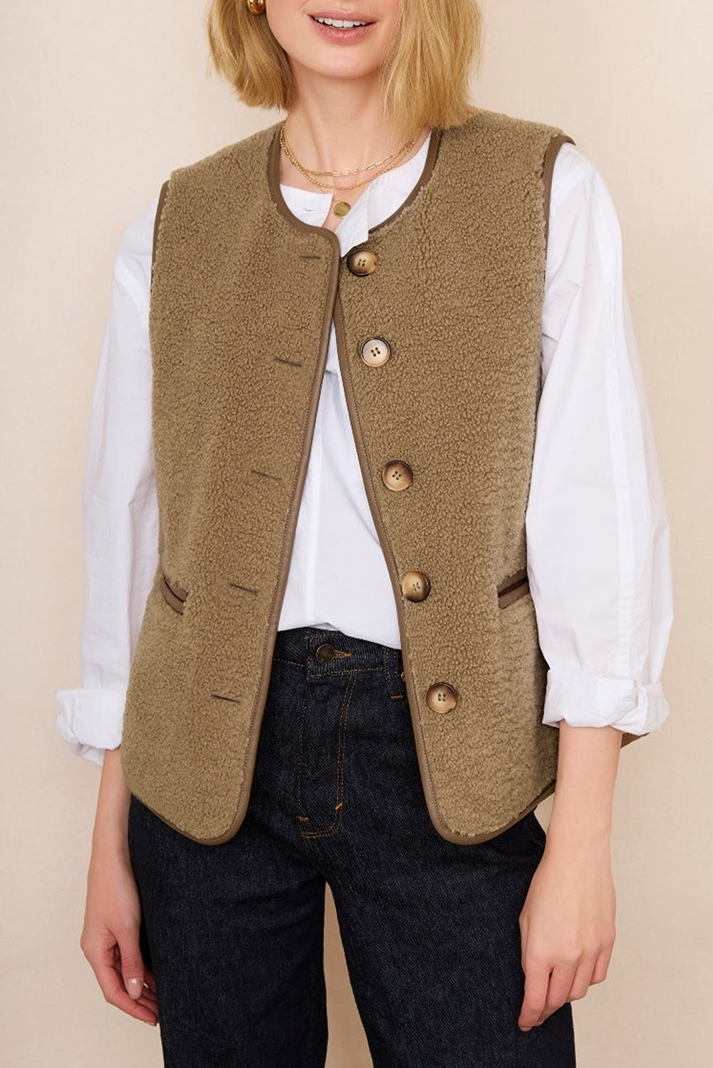 Camel Fleece Leather Patchwork Side Pockets Button Up Vest