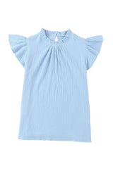 Light Blue Crinkled Ruffle Casual Short Sleeve Blouse