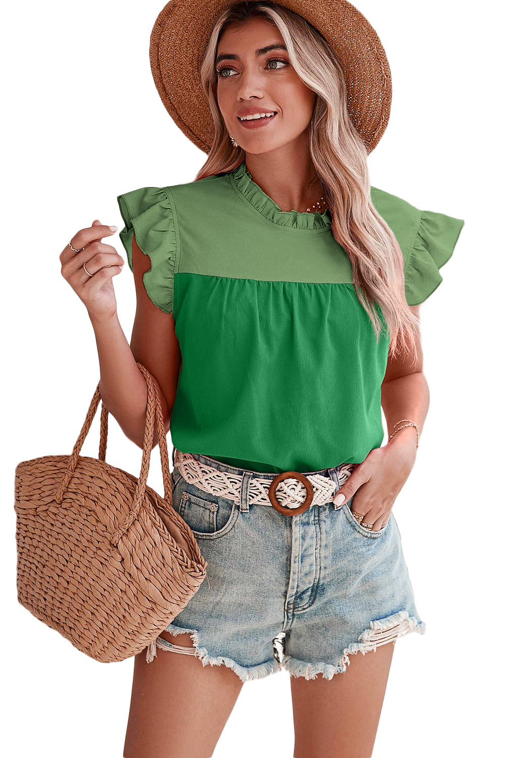 Bright Green Two Tone Pleated Ruffle Trim Blouse