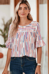 White Abstract Print Ruffle Half Sleeve Blouse