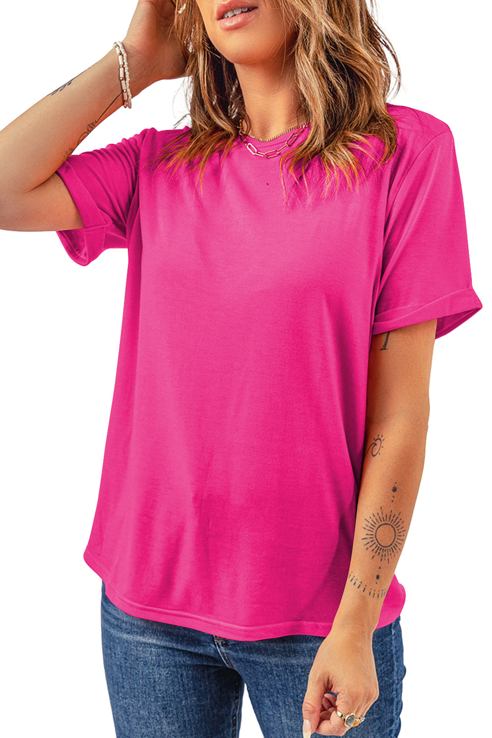 Rose Red Solid Color Crew Neck Roll Up Sleeve Tee