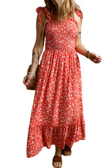 Red Boho Floral Bowknot Straps Smocked Bodice Long Dress