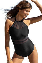 Black Mesh Patchwork Adjustable Straps One Piece Swimsuit