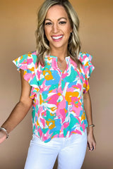 Multicolour Abstract Print Smocked Notched Neck Ruffle Blouse