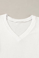 White Tulip Sleeve Waffle Knit V Neck T-Shirt