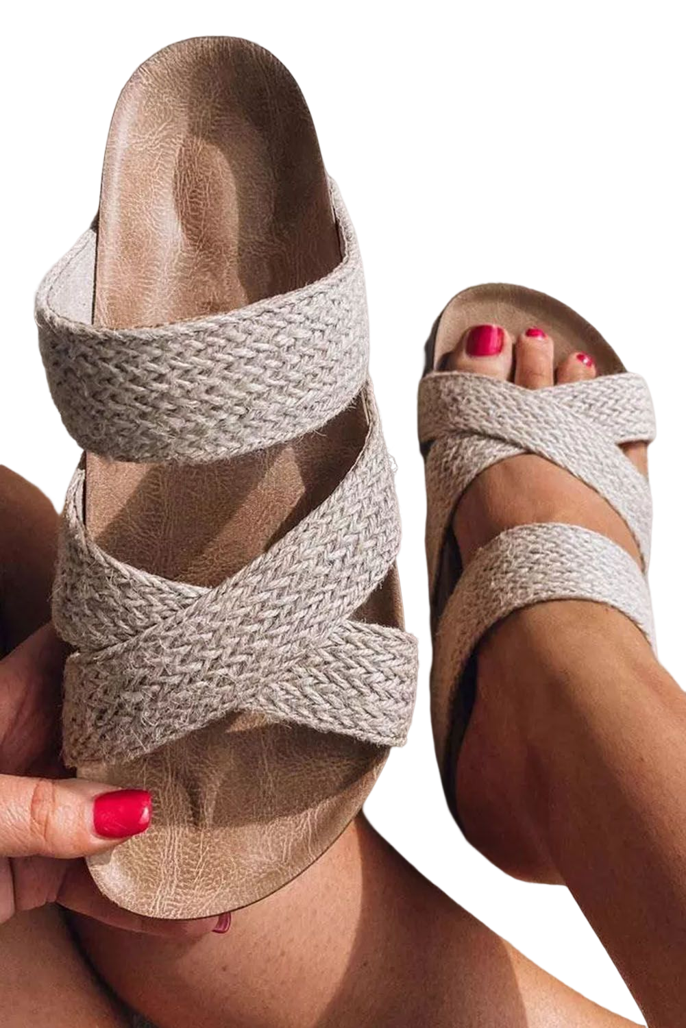 Beige Woven Criss Cross Strap Platform Slides Shoes