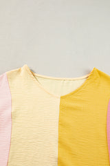 Apricot Colorblock Patchwork V-Neck Crinkled Blouse