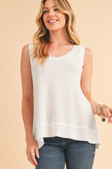 White Scoop Neck Waffle Knit Splicing Flowy Vest