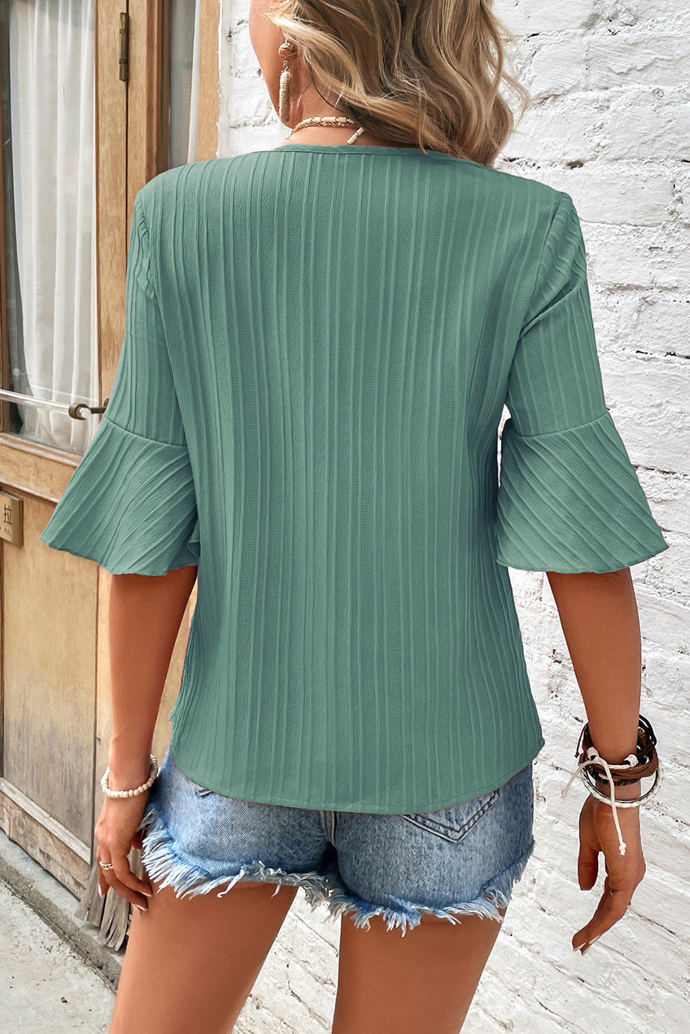 Grass Green Ruffled Short Sleeve V Neck Textured Blouse