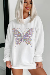 White Rhinestone Butterfly Graphic Crewneck Oversized Sweatshirt