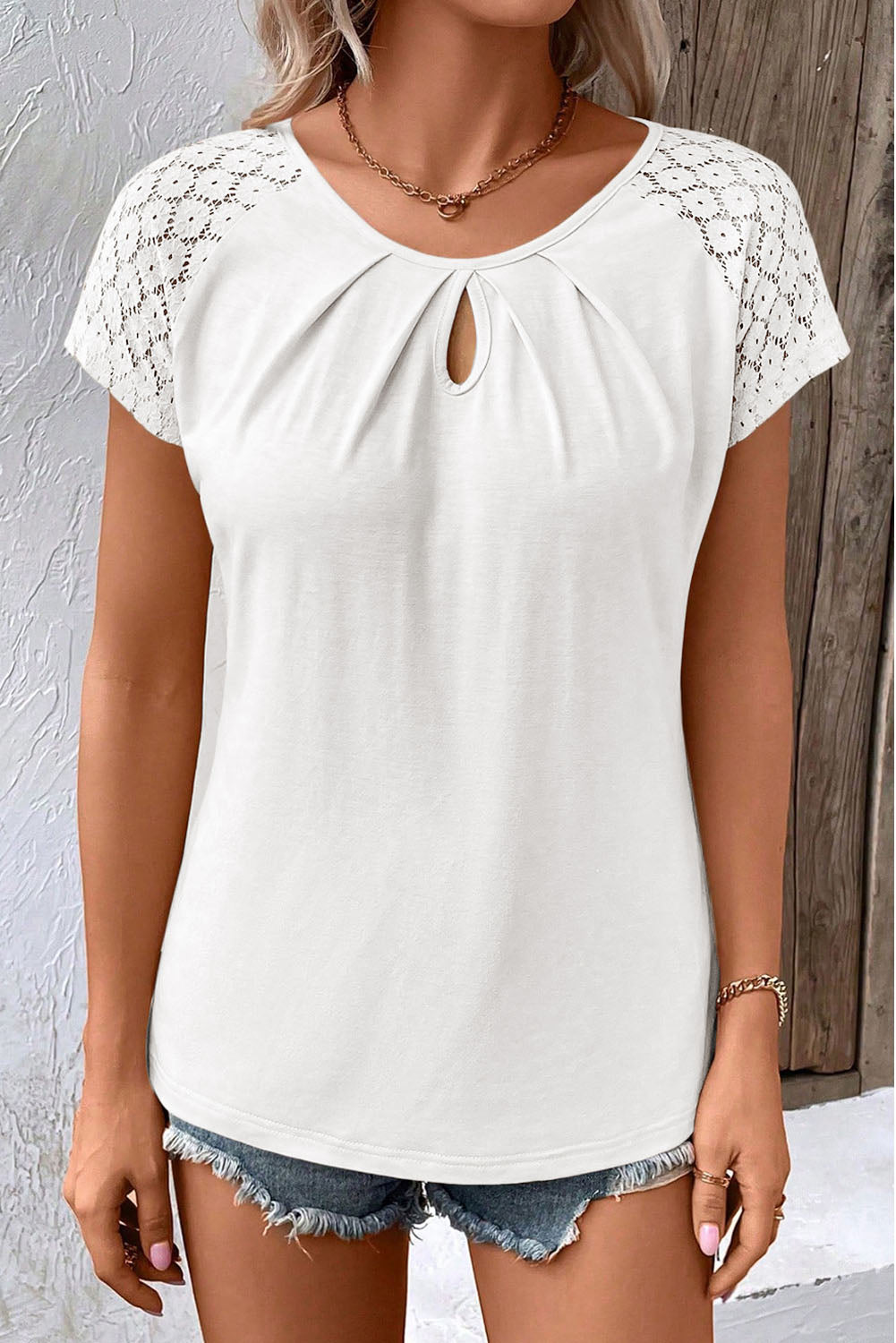 White Contrast Lace Sleeve Keyhole Neck Pleated T Shirt