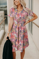 Multicolor Foral Print Short Sleeve A-line High Waist Dress