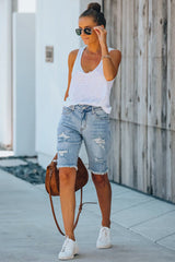 Light Blue Distressed Ripped Denim Bermuda Shorts