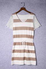 White Lace Crochet Short Sleeve Drawstring Striped Dress