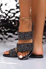 Black Glittering Hollow Out Dual Straps Flat Slides Shoes