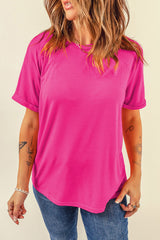 Rose Red Solid Color Crew Neck Roll Up Sleeve Tee