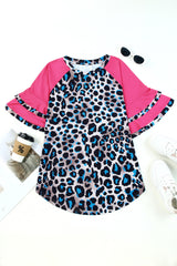 Rose Leopard Print Layered Ruffle Sleeves Tunic T Shirt