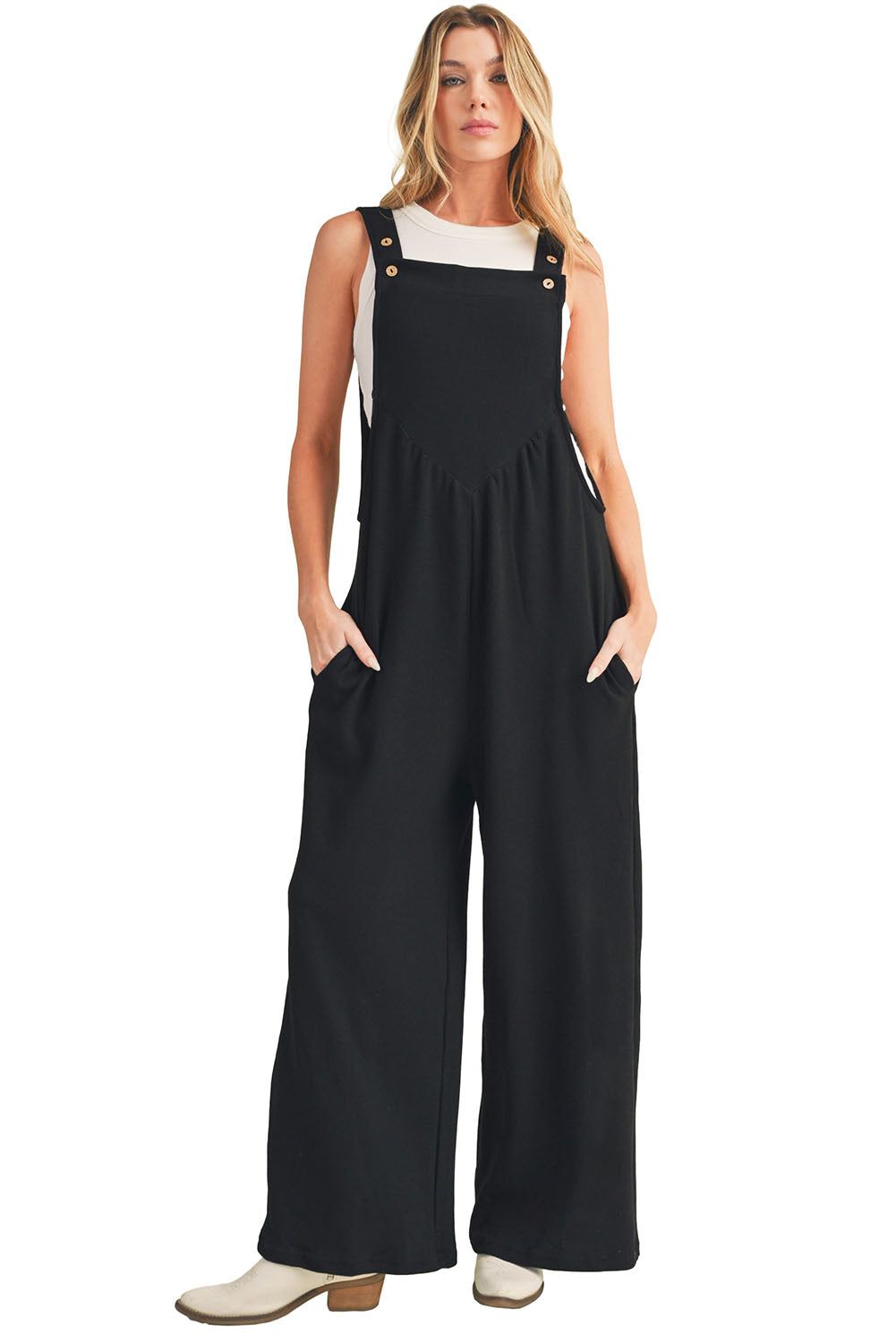 Black Adjustable Straps Ruched Wide Leg Jumpsuit