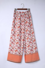 Red Floral Print Shirred High Waist Wide Leg Pants