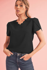 Black Scallop Trim V Neck Petal Sleeve Blouse