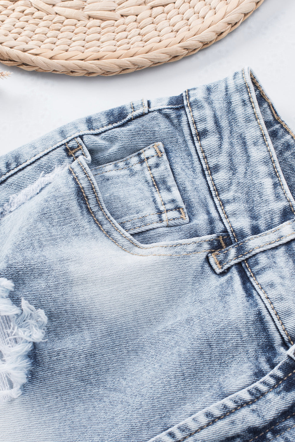 Light Blue Bleached Wash Distressed Denim Shorts