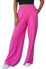 Rose Elastic High Waisted Wide Leg Sweatpants with Pockets