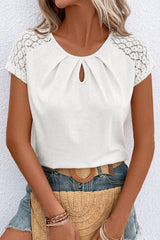 White Contrast Lace Sleeve Keyhole Neck Pleated T Shirt