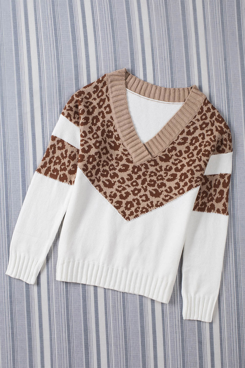 Cheetah Color Block Rib Trim Off Shoulder Pullover Sweater