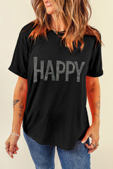 Black Rhinestone HAPPY Graphic Crewneck T Shirt