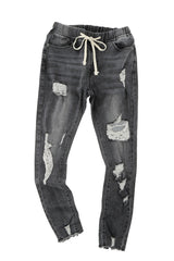 Gray Drawstring Elastic Waist Jeans With Hole