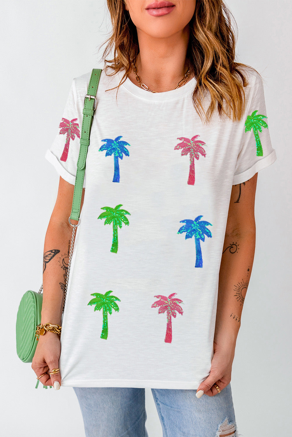 White Sequin Coconut Tree Graphic T Shirt