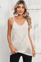 White Chevron Pointelle Knit V Neck Cami Top