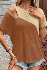 Brown Cold Shoulder Colorblock Splicing T Shirt