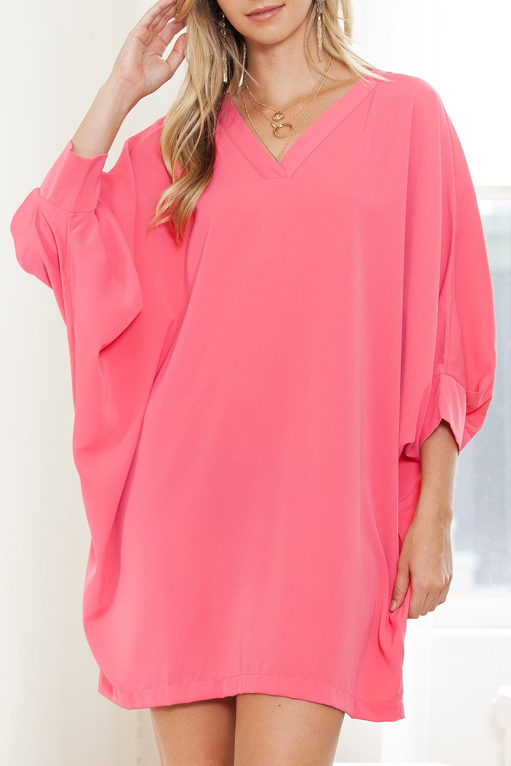 Strawberry Pink Solid Color V Neck 3/4 Sleeve Dress