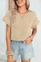 Apricot Textured Round Neck Frill Short Sleeve Blouse