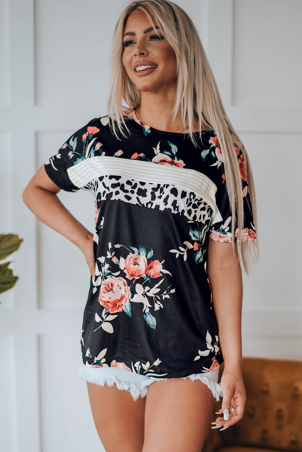 Black Floral and Leopard Print Short Sleeve Summer Top