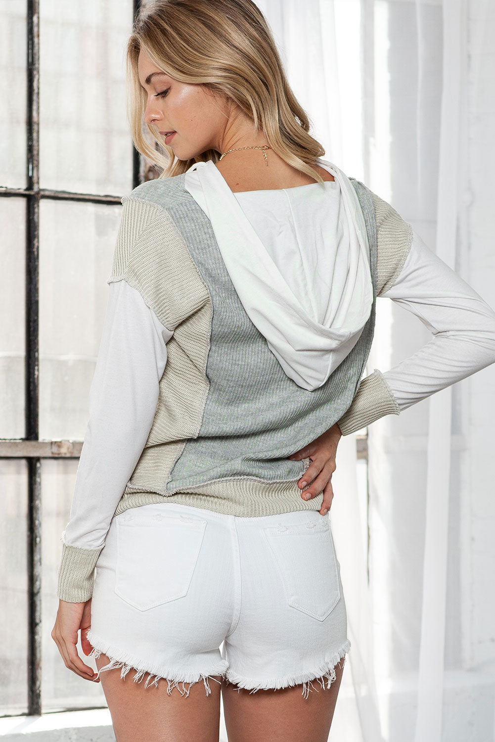 Gray Long Sleeve Textured Knit Patchwork Hoodie