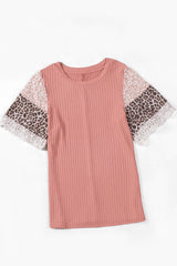 Pink Rib-Knit Leopard Lace Splicing Sleeve Patchwork Summer Top