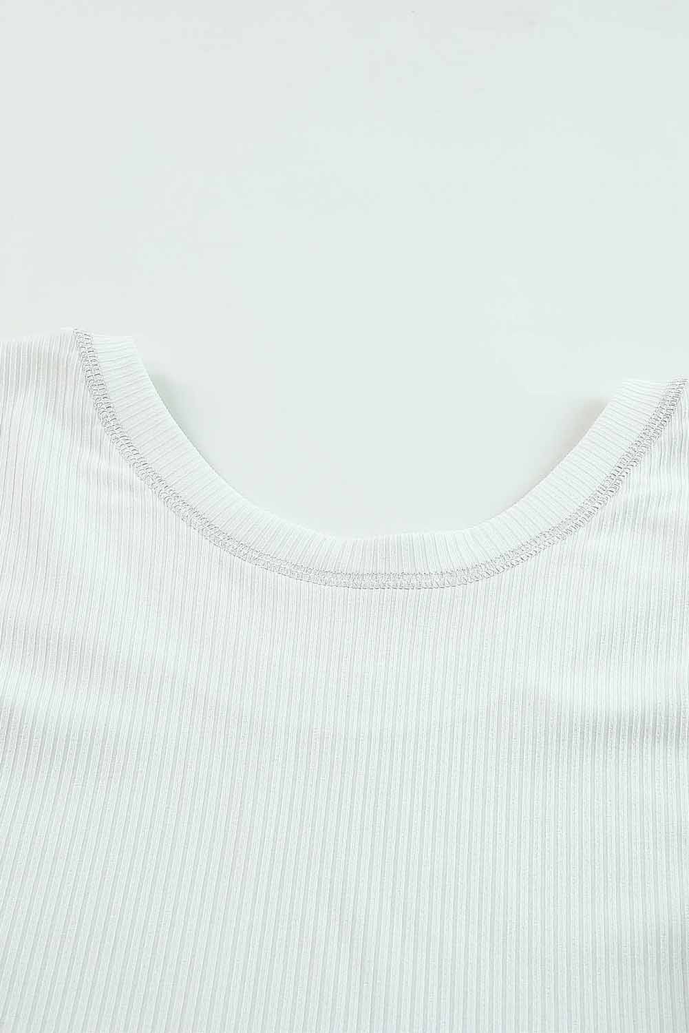 White Ribbed Knit Scoop Neck Half Sleeve Basic T Shirt