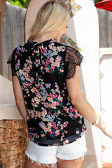 Black Dainty Floral Print Lace Sleeve Stand Neck Blouse