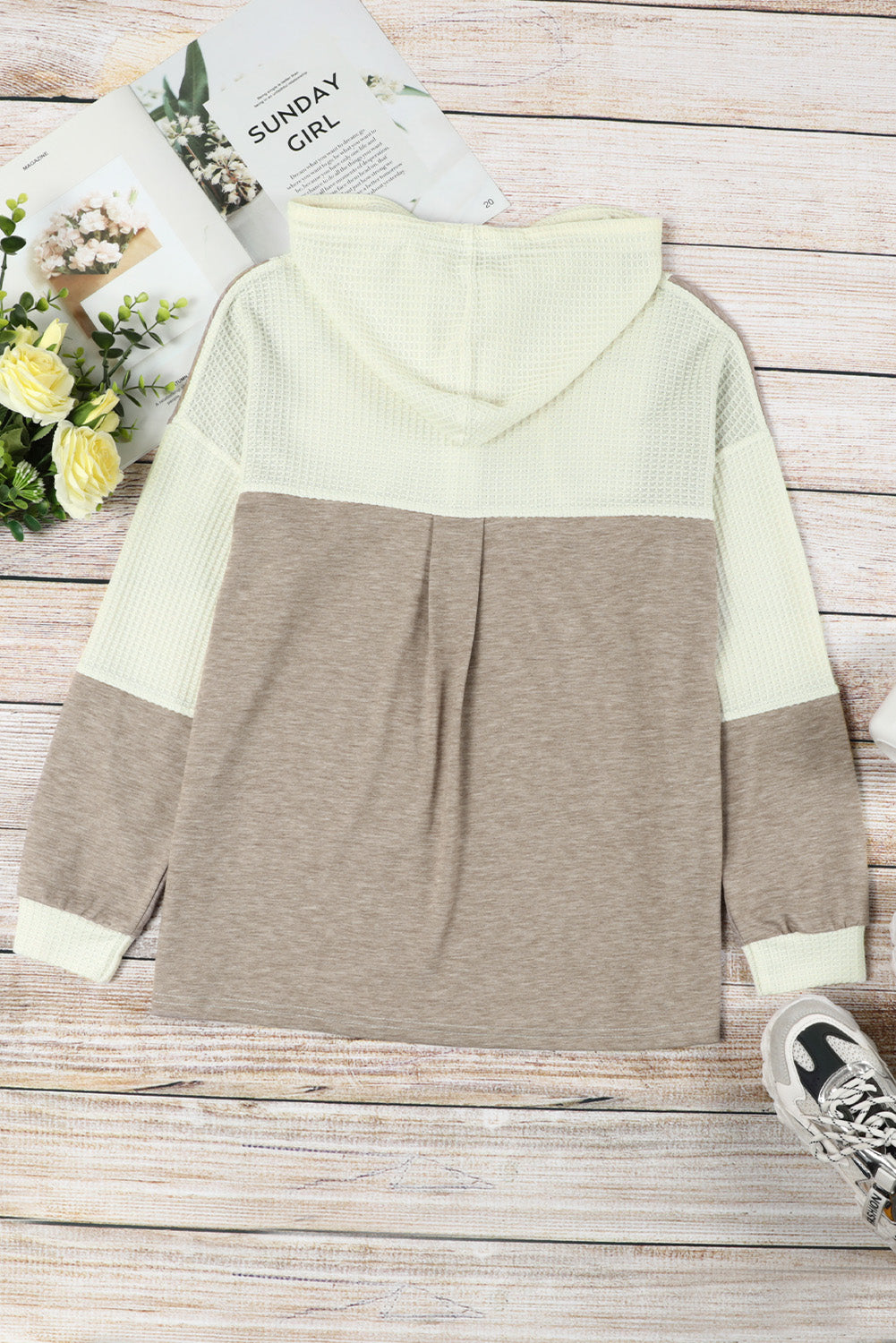 Apricot Button Front Color Block Waffle Knit Pullover Hoodie