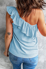 Sky Blue Trim Textured Ruffle One Shoulder Top